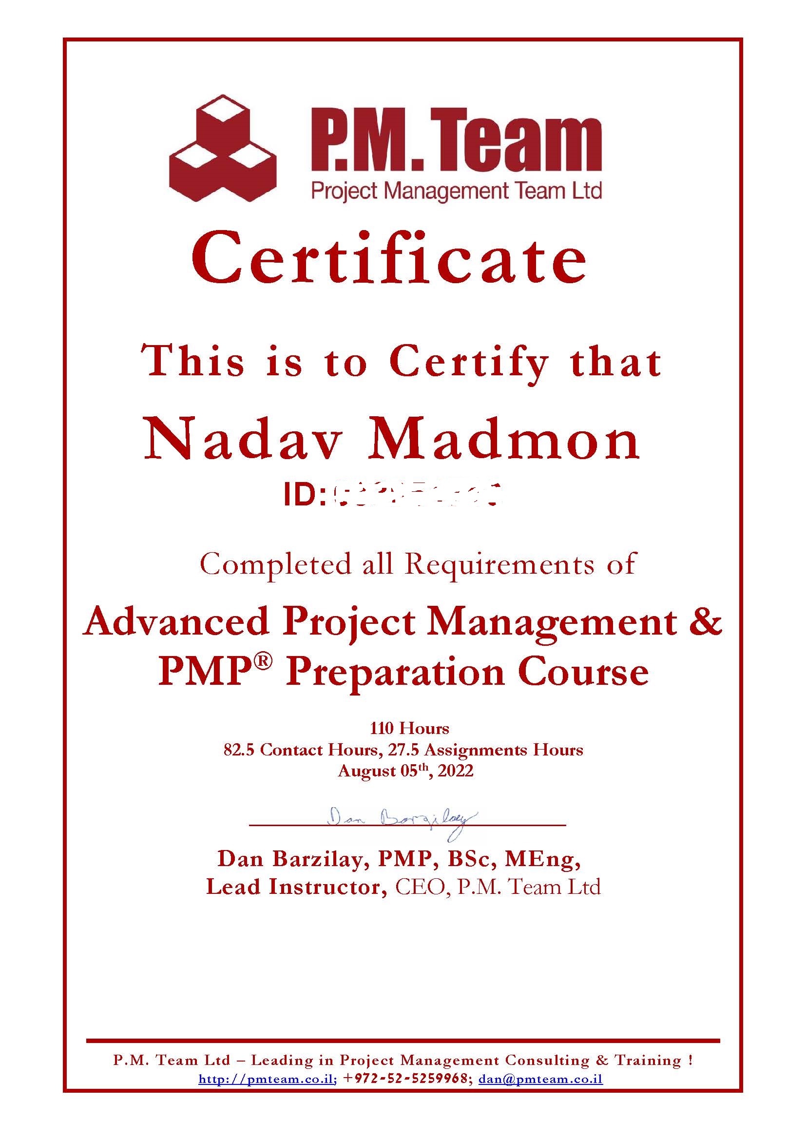 Nadav Madmon Project Management Course Certificate