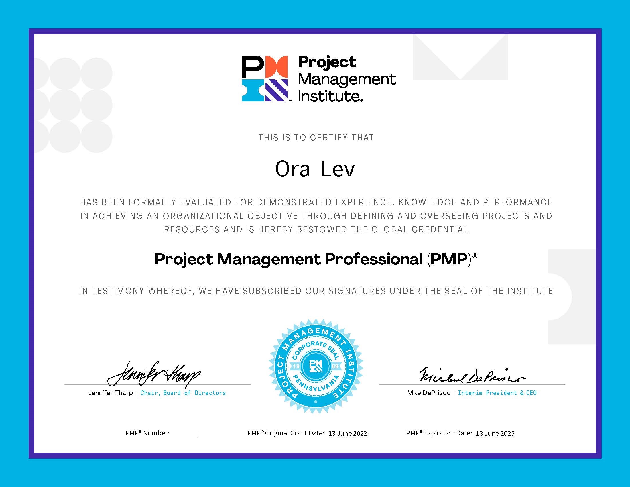 Ora Lev PMP Certificate P.M.TEAM Academy Graduate